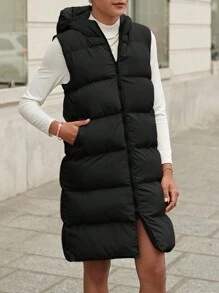 EURMUSE Solid Zip Up Hooded Vest Puffer Coat - Black - View 4