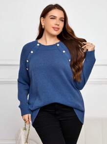 SHEIN Frenchy Plus Button Detail Raglan Sleeve Sweater In Fall/Winter - Blue - View 5