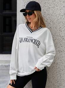 SHEIN Cottnline Đồ họa Chữ cái Thả vai Áo nỉ - Đen và trắng - Xem 1
