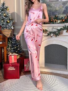 Allover Graphic Satin PJ Set, For Christmas - Pink - View 4