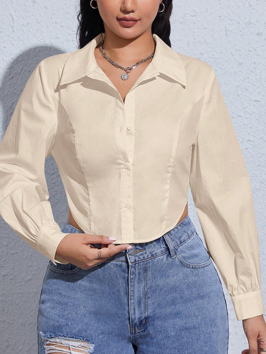 SHEIN EZwear 大碼素色前紐扣襯衫 - 杏色 - 查看 1