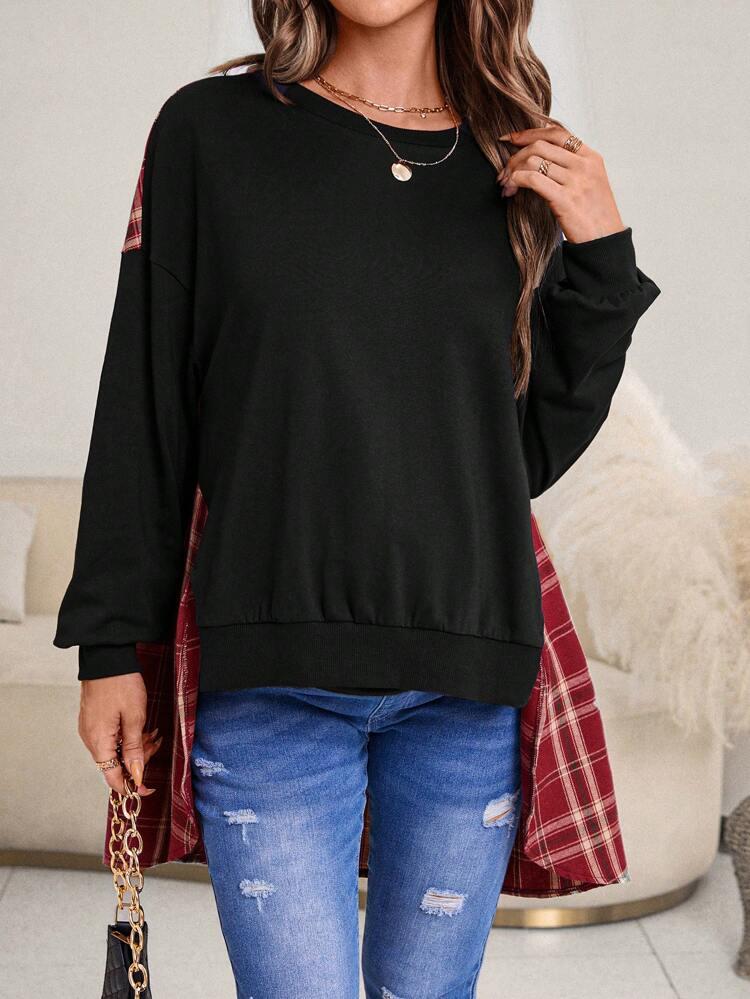 Maternity Plaid Print Drop Shoulder 2 In 1 Sweatshirt, For Winter