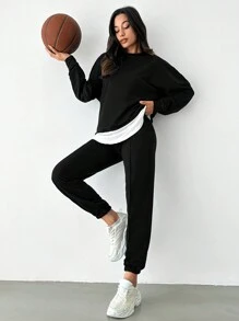 EURMUSE Drop Shoulder 2 In 1 Sweatshirt & Sweatpants - Black - View 5