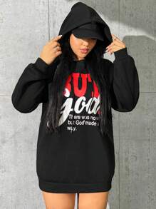 SHEIN Coolane Plus Size Slogan Graphic Drop Shoulder Sweatshirt Dress - Black - View 5