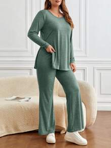 SHEIN Frenchy Plus Split Hem Tee & Pants - Green - View 5