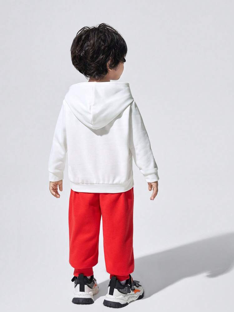 2pcs Toddler Boys Casual Loose Car Pattern Hoodie & Knitted Pants Set, Fleece, Thickened