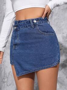 SHEIN PETITE High Waist Asymmetrical Hem Denim Skort - Dark Wash - View 4