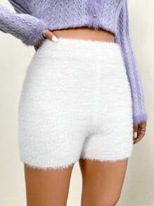 SHEIN Qutie Chất rắn Đan mềm mại Quần short - trắng - Xem 5
