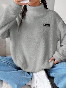 SHEIN EZwear 字母貼布落肩袖搖粒絨運動衫 - 灰色 - 查看 1