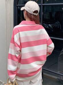 DAZY Striped Polo Neck Drop Shoulder Tee Long Sleeve Women Tops - Pink - View 2