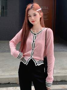 DAZY 條紋拼接邊前排扣開襟衫 - 粉色 - 查看 8