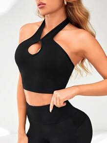 前鏤空短款運動掛脖上衣 - 黑色 - 查看 5