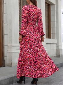 SHEIN Frenchy Allover Print Lantern Sleeve Overlap Collar Dress - Red - View 2