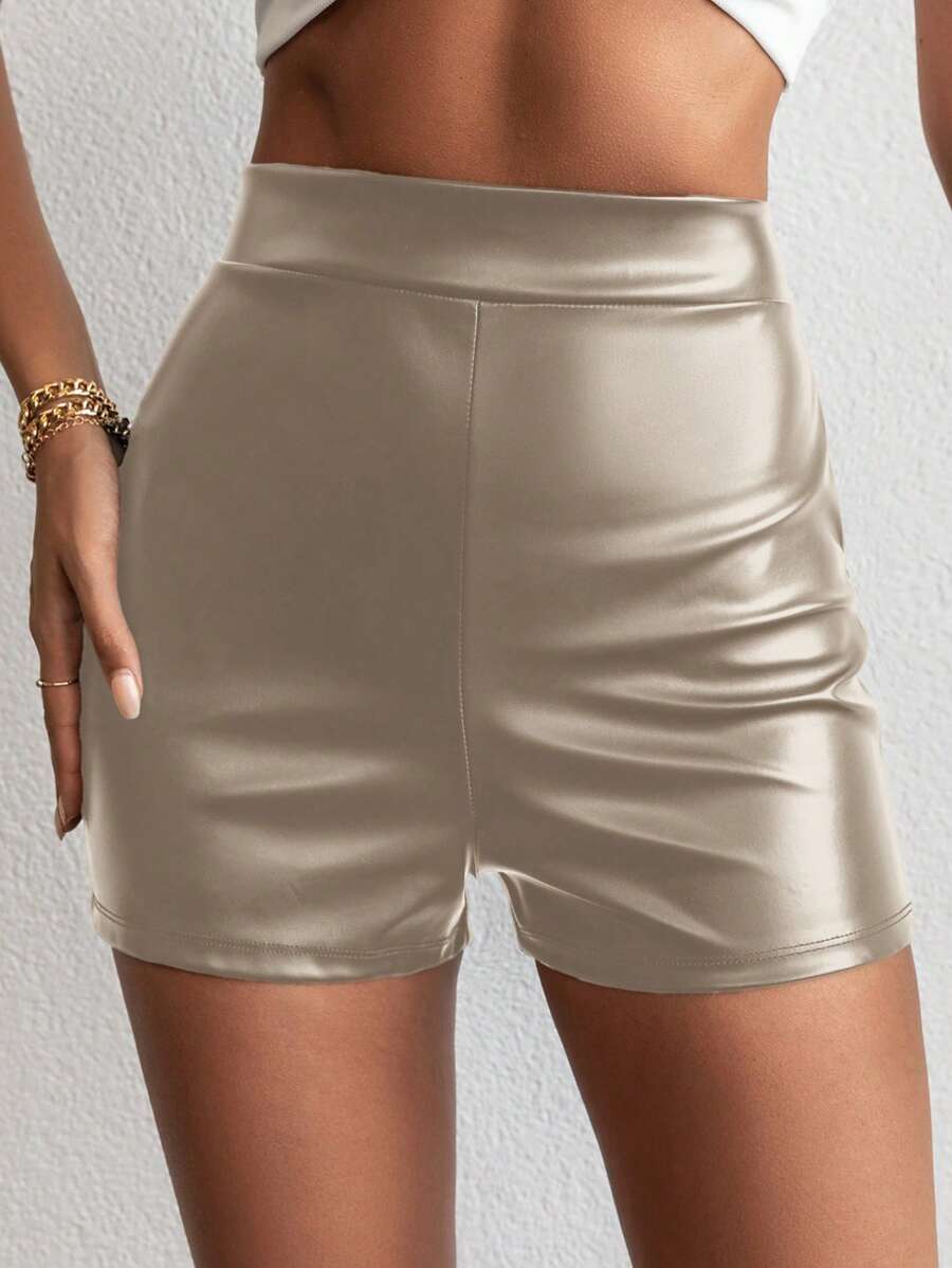 EURMUSE High Waist PU Leather Shorts - Beige - View 1