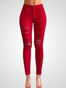 Ripped Skinny Jeans - Red - View 1