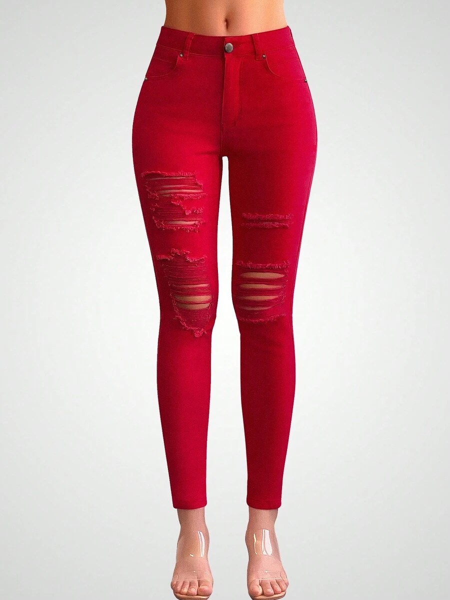 Ripped Skinny Jeans - Red - View 1
