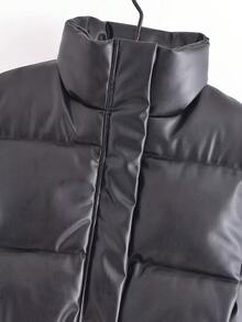 休閒拉鍊純色女士棉服外套 - 黑色 - 查看 3