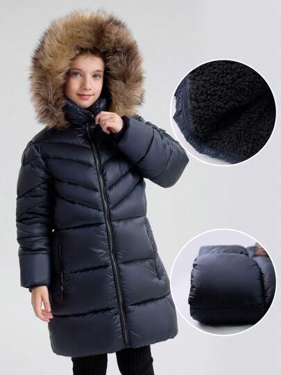 SOLOCOTE Tween Girls Windproof Waterproof Hooded Zip-Up Pockets Fleece Padded Padded Coat For Winter