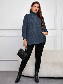 SHEIN Frenchy Plus Turtleneck Raglan Sleeve Sweater - Blue - View 5