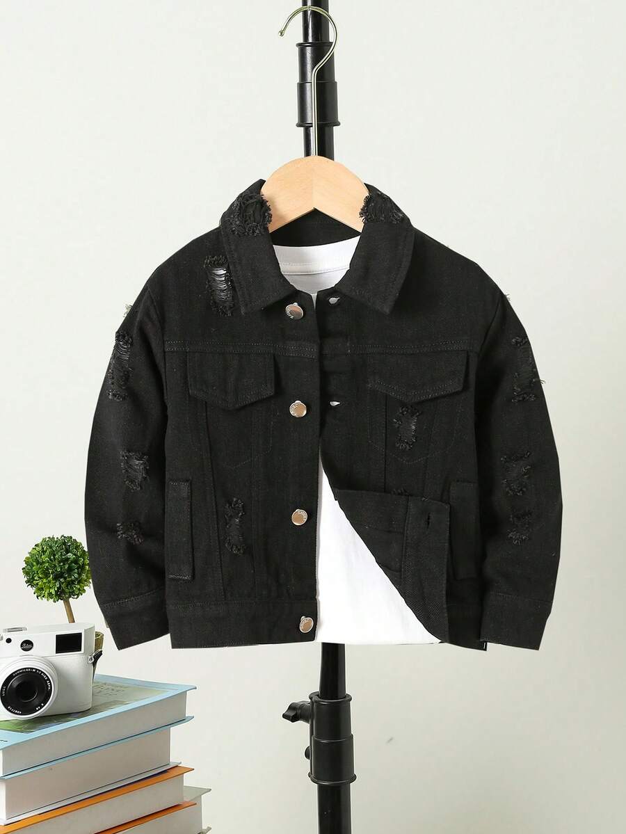Young Boy Ripped Flap Pocket Denim Jacket Without Tee - Black - View 1