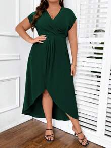 SHEIN Clasi 女士纯色裹身下摆连衣裙 - 墨綠色 - 查看 4