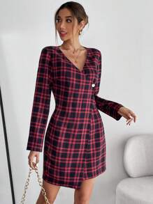 SHEIN Clasi Plaid Print Button Detail Wrap Dress - Red - View 3