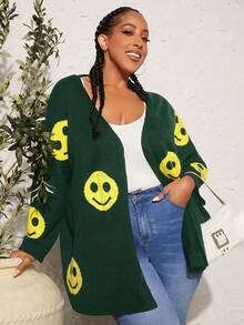 SHEIN CURVE+ Plus Cartoon Pattern Drop Shoulder Duster Cardigan In Fall/Winter - Green - View 2