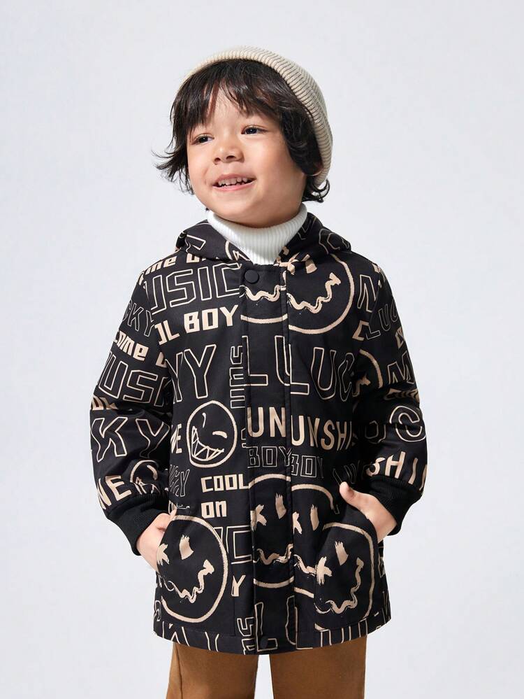 Young Boy Cartoon and Letter Graphic Teddy Lined Hooded Coat