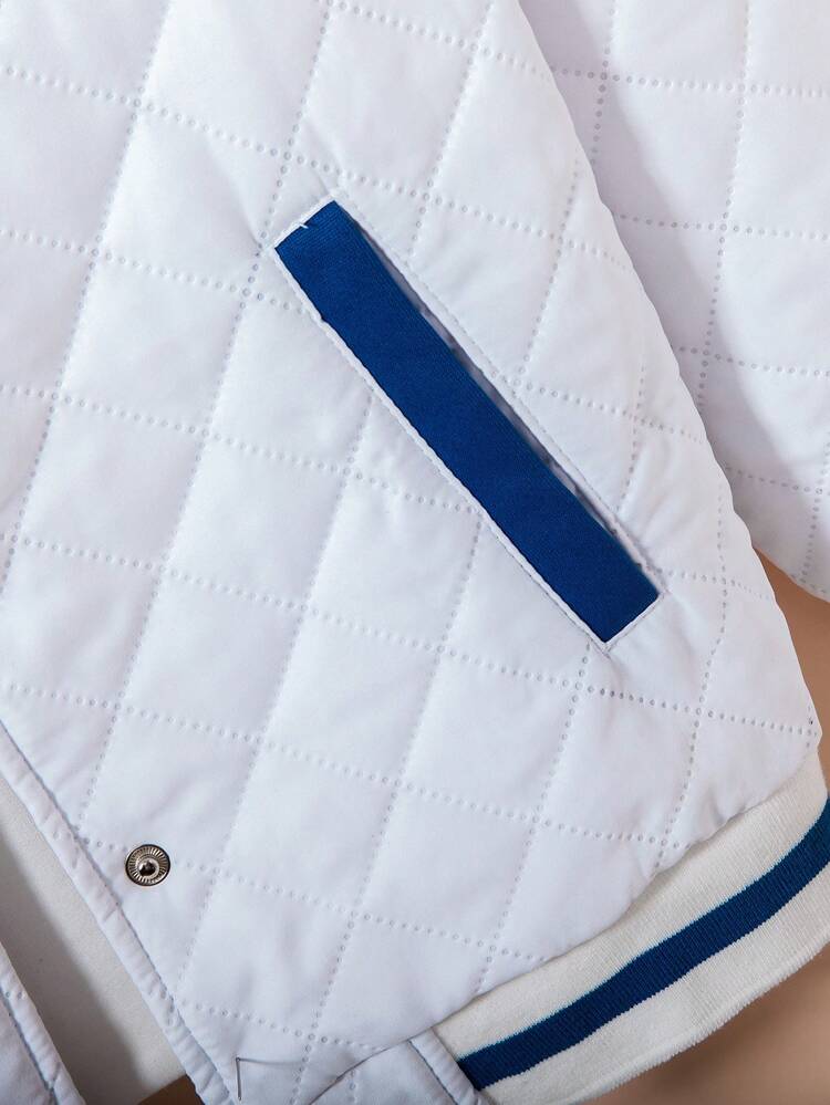 Tween Girl Letter Patched Striped Trim Drop Shoulder Hooded Quilted Varsity Jacket