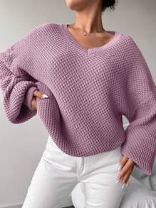 EURMUSE 素色落肩袖套頭毛衣 - 紫丁香色 - 查看 3