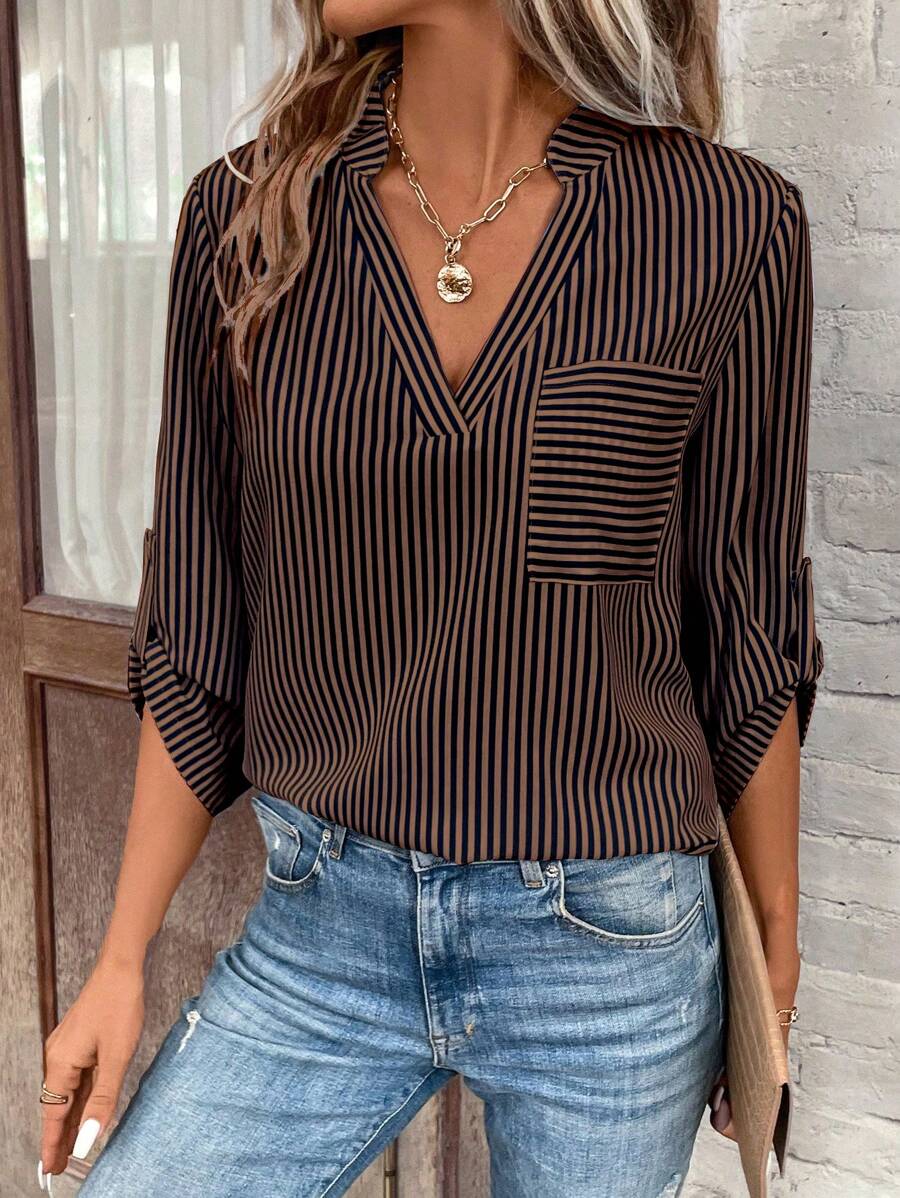 EMERY ROSE Striped Print Roll Up Sleeve Pocket Patched Blouse,Long Sleeve Tops Fall Cloth For Women - Mocha Brown - View 1