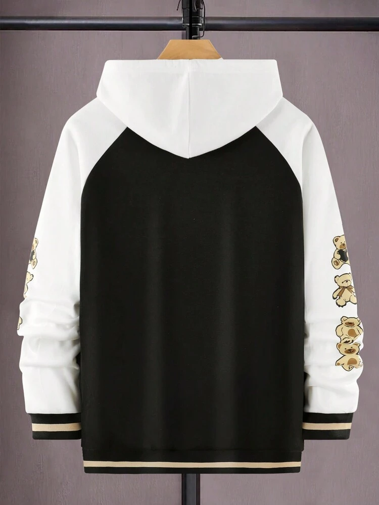 Men Bear Flocking Raglan Sleeve Varsity Jacket