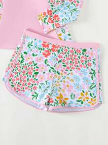 2pcs Teen Girls Floral Print Swimwear Set, Casual Party Beach Holiday, Spring/Summer, Valentine Heart-Shaped Pink/Magenta Color, Gift Kids Swimming ,Kids Beachwear - Multicolor - View 5