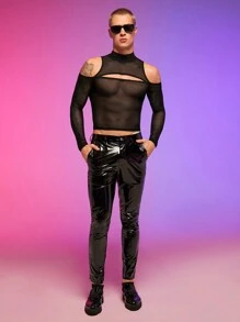 FeverCity 男士挖肩鏤空網紗T恤 - 黑色 - 查看 5