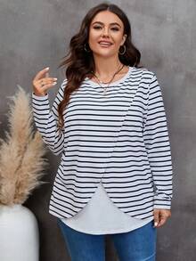 SHEIN LUNE 大碼條紋印花不對稱下擺T恤 - 黑與白 - 查看 5