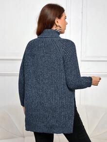SHEIN Frenchy Plus Turtleneck Raglan Sleeve Sweater - Blue - View 2