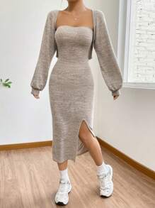 SHEIN EZwear Bodycon-Kleid in Große Größen für Damen mit Oberschenkel-hohem Schlitz und offener Vorderseite Strickjacke - Khaki - Übersicht 8