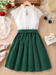 Tween Girl Contrast Lace Panel Frill Neck Belted Dress - Green - View 4