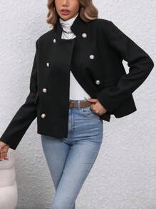SHEIN Clasi Solid Double Breasted Overcoat - Black - View 5