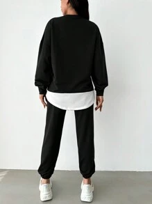 EURMUSE Drop Shoulder 2 In 1 Sweatshirt & Sweatpants - Black - View 2