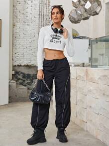 SHEINNeu Camiseta crop con estampado de letra de manga raglán - Blanco - Ver 3