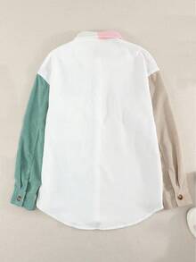 CILKOO Abrigo de pana de color combinado con bolsillo con solapa de hombros caídos - Rosa - Ver 5