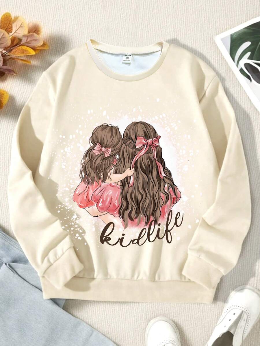 SHEIN 女孩字母人物圖案加絨內裏運動衫 - 杏色 - 查看 1