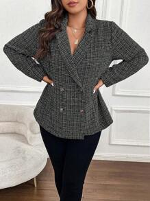 SHEIN Franclia Plus Plaid Pattern Double Breasted Tweed Blazer - Black - View 6