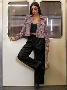 Chiquease Hoa văn kẻ sọc Túi có nắp Tweed Áo khoác - Màu Đỏ Sâu - Xem 4