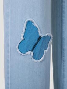 青少年女孩蝴蝶圖案直筒牛仔褲 - 淺色水洗藍 - 查看 3