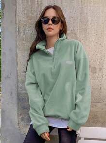 DAZY Letter Patched Half Zip Drop Shoulder Sweatshirt,Fall Women Clothes - Mint Green - View 2