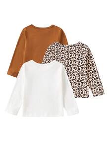 SHEIN 年輕女孩們3入組豹紋&卡通圖案T恤 - 棕色 - 查看 2