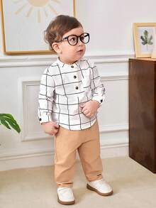 SHEIN 男嬰格紋印花半排扣襯衫和褲子