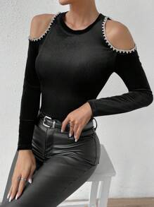 Allurite 挖肩珍珠串珠T恤 - 黑色 - 查看 1